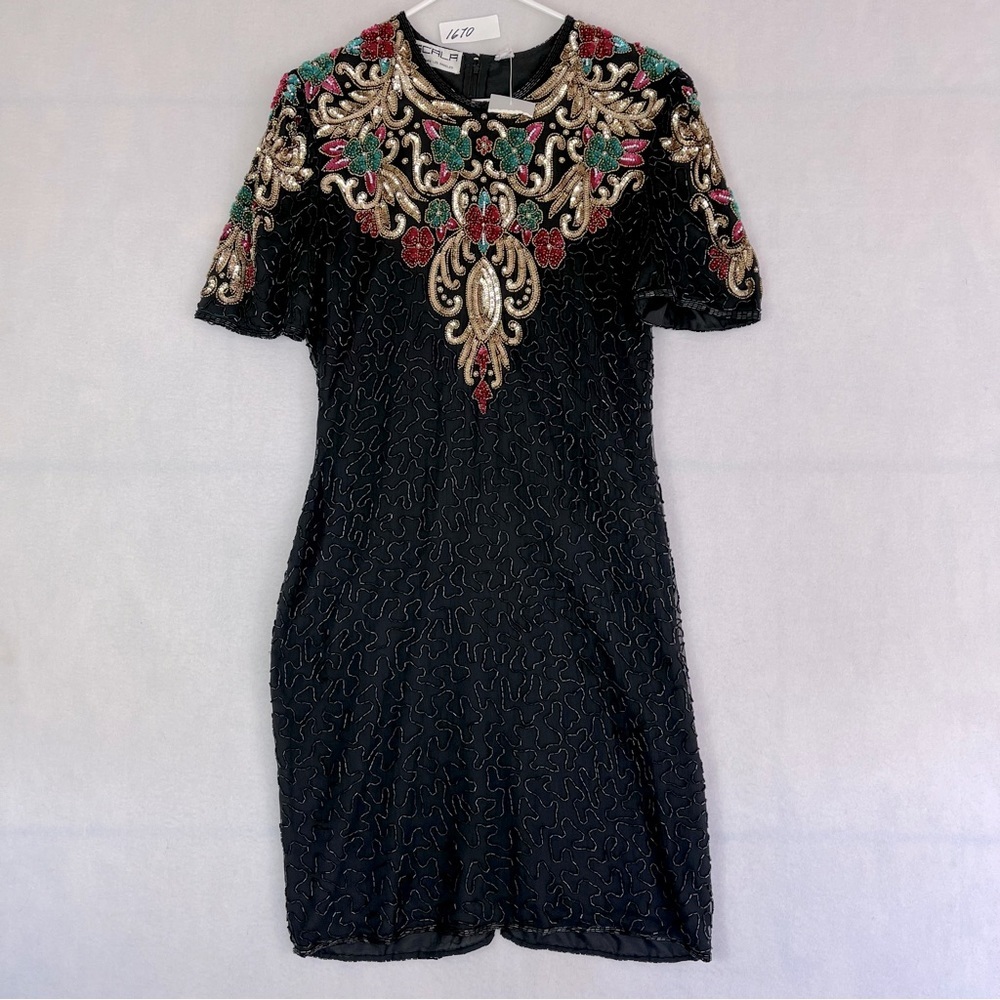 SCALA HEAVILY Sequin Beaded Sheath Dress Short Sleeve Black w Red Green Gold, L